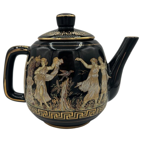 24kt Gold Kratimenos Teapot Black Made In Greece 7” Tall - Picture 4 of 10